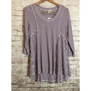 Cato Top 14/16W Purple & White‎ Striped Hi-Low 3/4 Sleeve Ribbed Stretchy